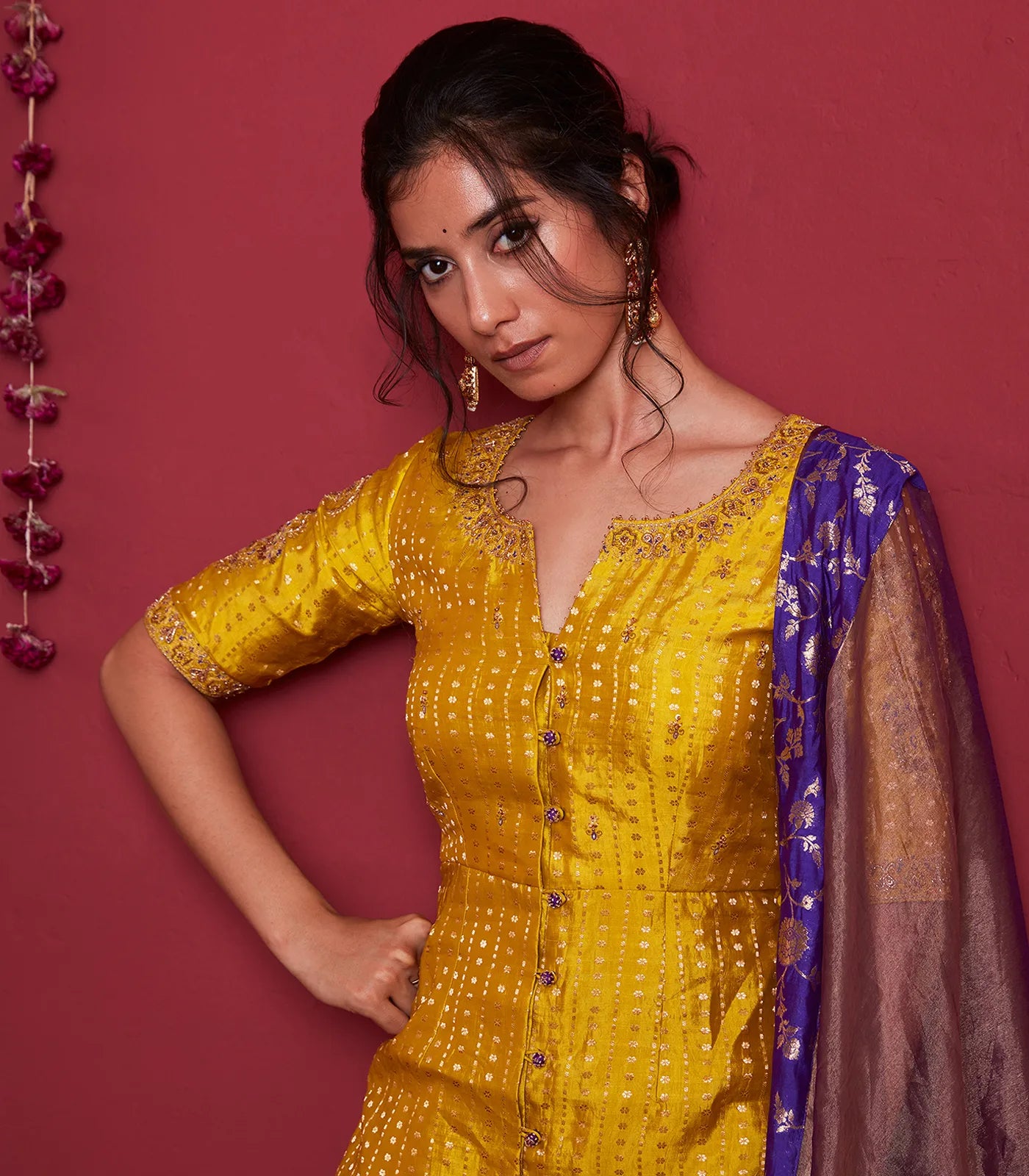Mustard violet silk short kurti and palazzo set