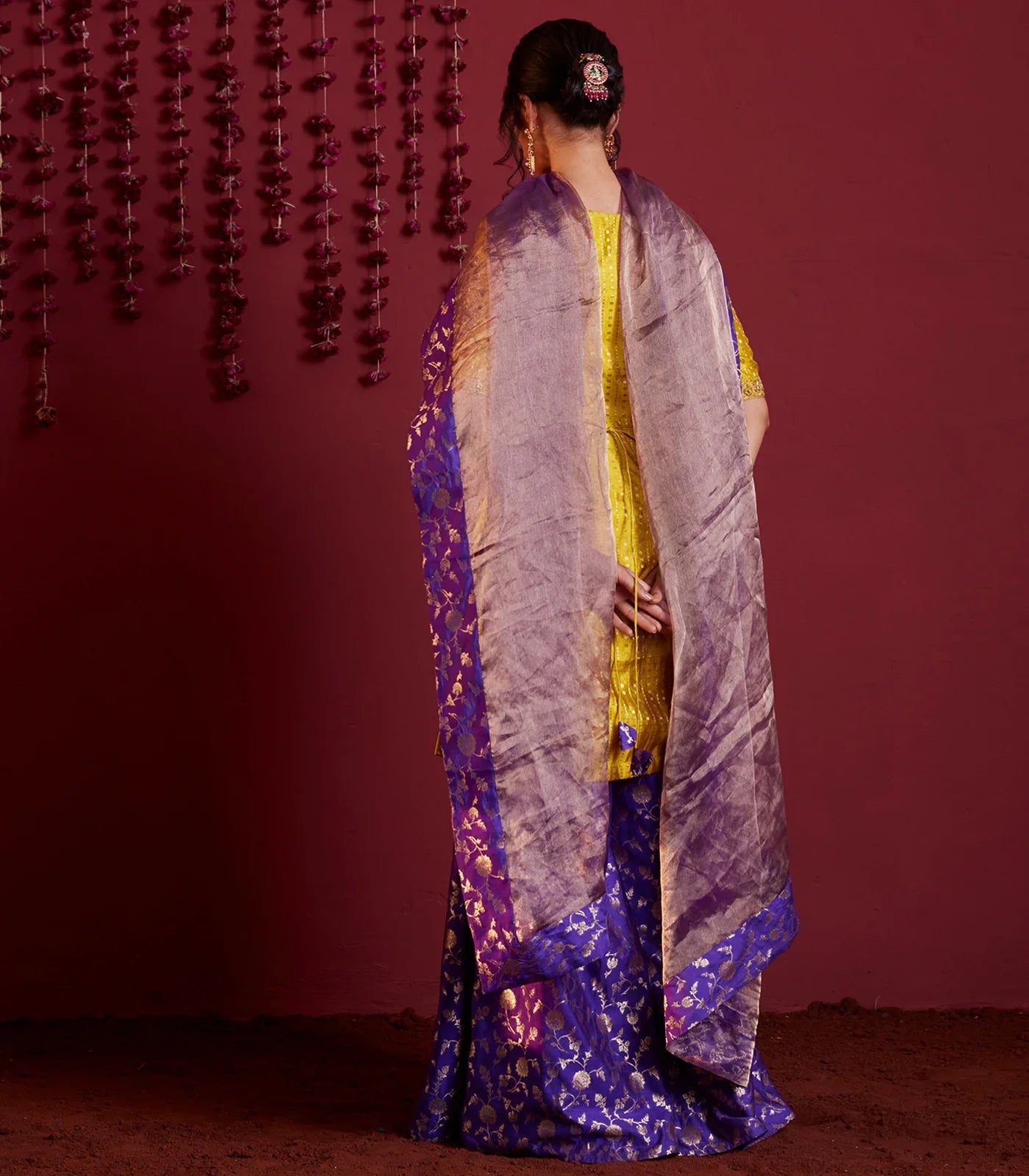 Mustard violet silk short kurti and palazzo set