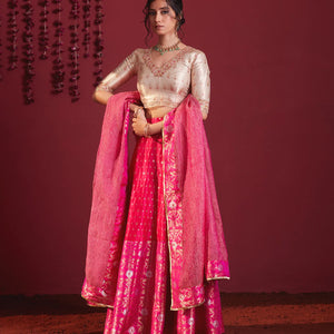 Ivory Gold And Fuschia Pink Embroidered Pure Silk Lehenga Set - Fuchsia