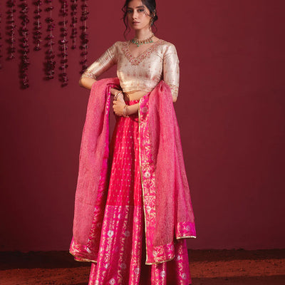 Ivory Gold And Fuschia Pink Embroidered Pure Silk Lehenga Set - Fuchsia