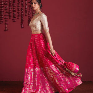 Ivory Gold And Fuschia Pink Embroidered Pure Silk Lehenga Set - Fuchsia
