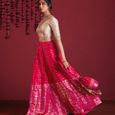 Ivory Gold And Fuschia Pink Embroidered Pure Silk Lehenga Set - Fuchsia