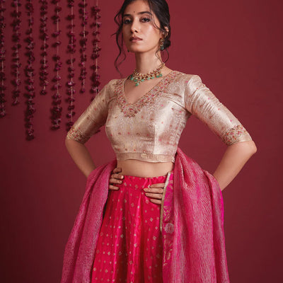Ivory Gold And Fuschia Pink Embroidered Pure Silk Lehenga Set - Fuchsia