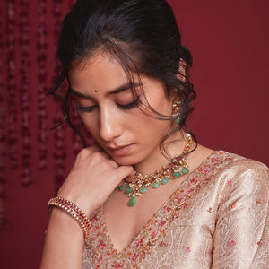 Ivory Gold And Fuschia Pink Embroidered Pure Silk Lehenga Set - Fuchsia