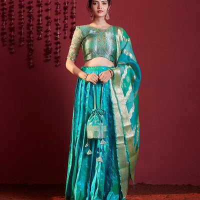 Aqua Green embroidered pure silk lehenga set -Aquamarine