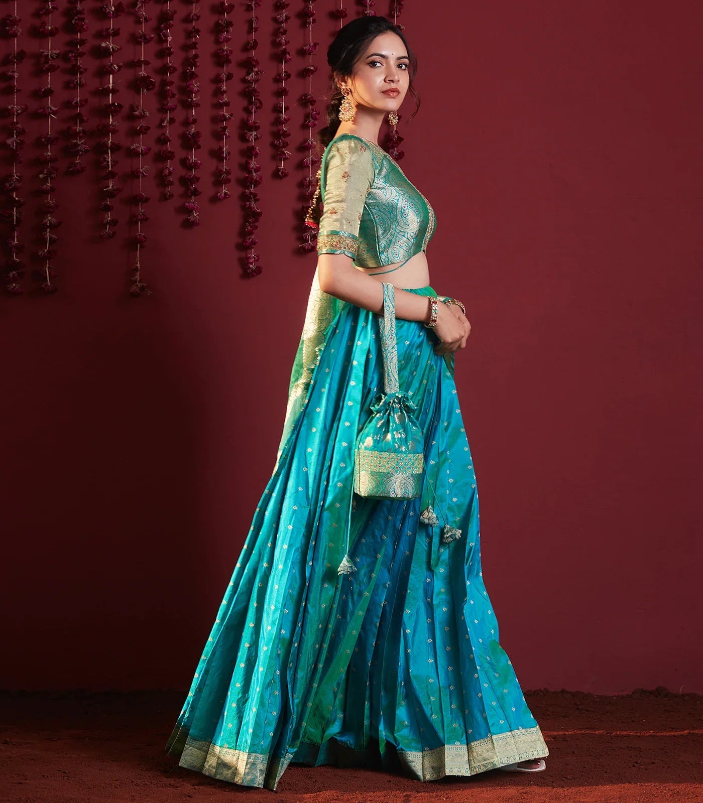 Aqua Green embroidered pure silk lehenga set -Aquamarine