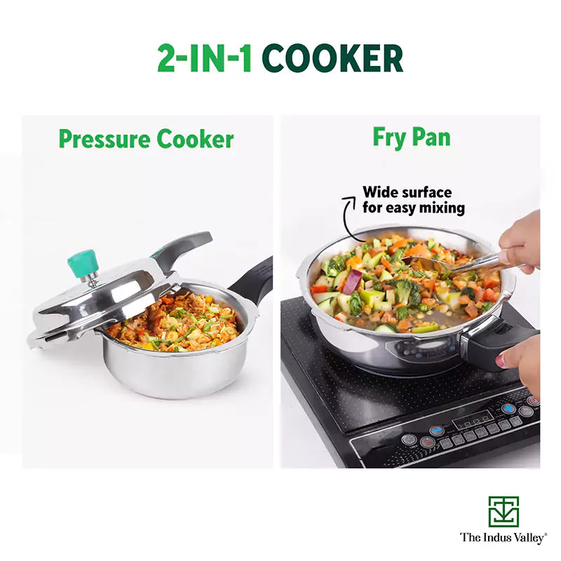 RapidCuk Tri-ply Stainless Steel 2-in-1 Pressure Cooker+ Frypan, Wide Shape, Premium Quality, 3 Layer Thick Body, Heavy Bottom, 100% Safe, ISI Certified, 5Yr Warranty, Induction & Gas, 2/3L