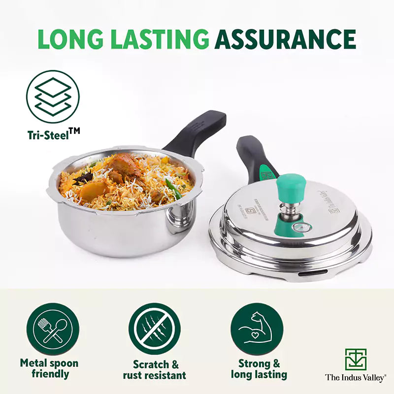RapidCuk Tri-ply Stainless Steel 2-in-1 Pressure Cooker+ Frypan, Wide Shape, Premium Quality, 3 Layer Thick Body, Heavy Bottom, 100% Safe, ISI Certified, 5Yr Warranty, Induction & Gas, 2/3L