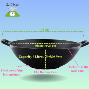 Trilonium Triple Seasoned Cast Iron Kadai 26 cm Sleek | Gas & Induction Compatible | Black