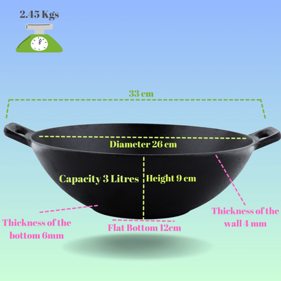 Trilonium Triple Seasoned Cast Iron Kadai 26 cm Sleek | Gas & Induction Compatible | Black