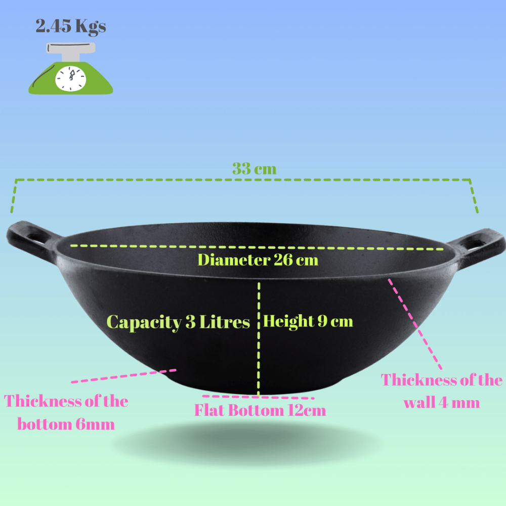 Trilonium Triple Seasoned Cast Iron Kadai 26 cm Sleek | Gas & Induction Compatible | Black