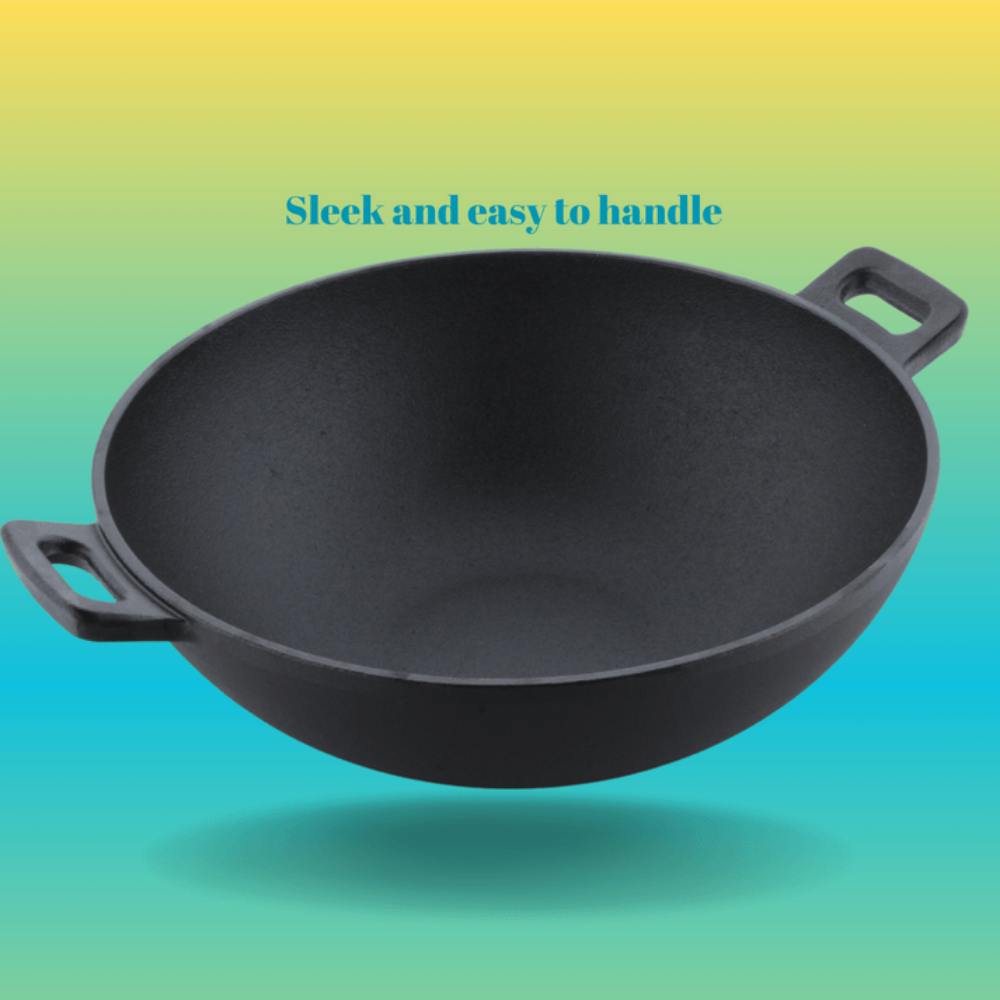 Trilonium Triple Seasoned Cast Iron Kadai 26 cm Sleek | Gas & Induction Compatible | Black