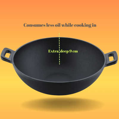 Trilonium Triple Seasoned Cast Iron Kadai 26 cm Sleek | Gas & Induction Compatible | Black