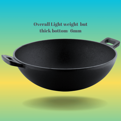 Trilonium Triple Seasoned Cast Iron Kadai 26 cm Sleek | Gas & Induction Compatible | Black