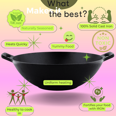 Trilonium Triple Seasoned Cast Iron Kadai 26 cm Sleek | Gas & Induction Compatible | Black