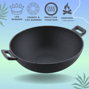 Trilonium Triple Seasoned Cast Iron Kadai 26 cm Sleek | Gas & Induction Compatible | Black