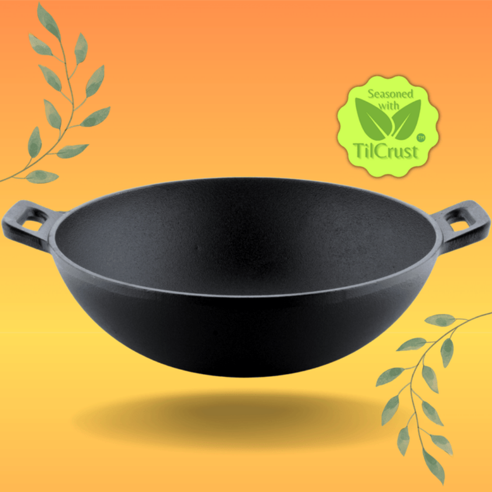 Trilonium Triple Seasoned Cast Iron Kadai 26 cm Sleek | Gas & Induction Compatible | Black