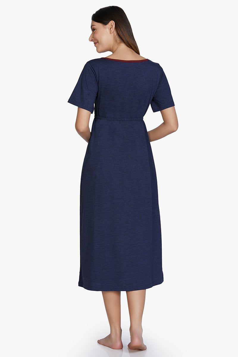 Cotton Blend Chemise Dress - Navy