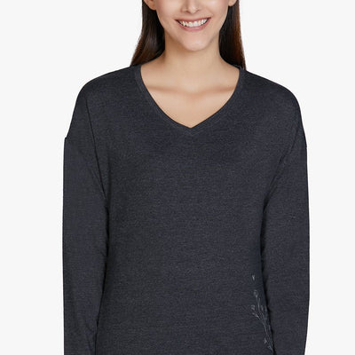 Cotton Blend Long Sleeve Sleep T-shirt - Charcoal