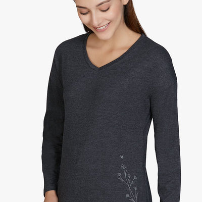 Cotton Blend Long Sleeve Sleep T-shirt - Charcoal