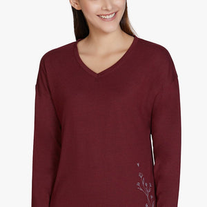 Cotton Blend Long Sleeve Sleep T-shirt - Maroon