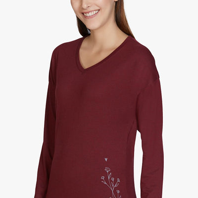 Cotton Blend Long Sleeve Sleep T-shirt - Maroon