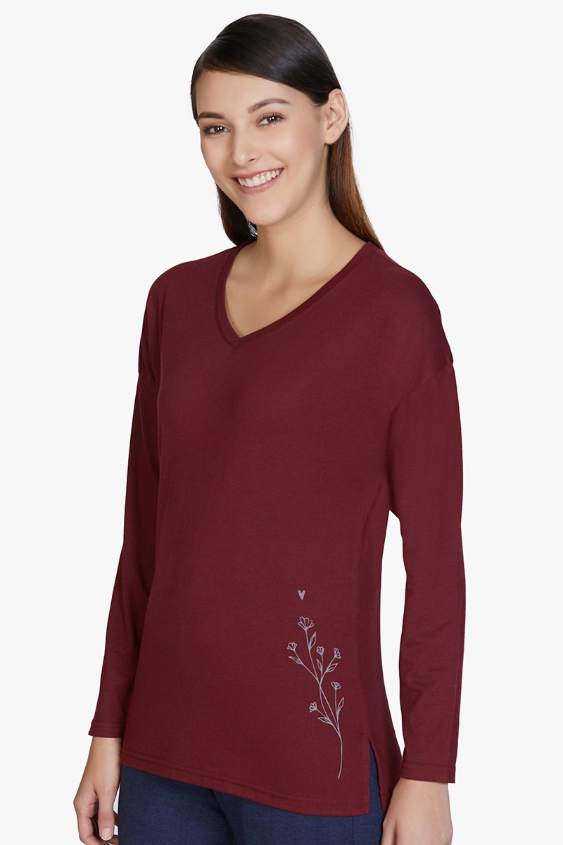 Cotton Blend Long Sleeve Sleep T-shirt - Maroon