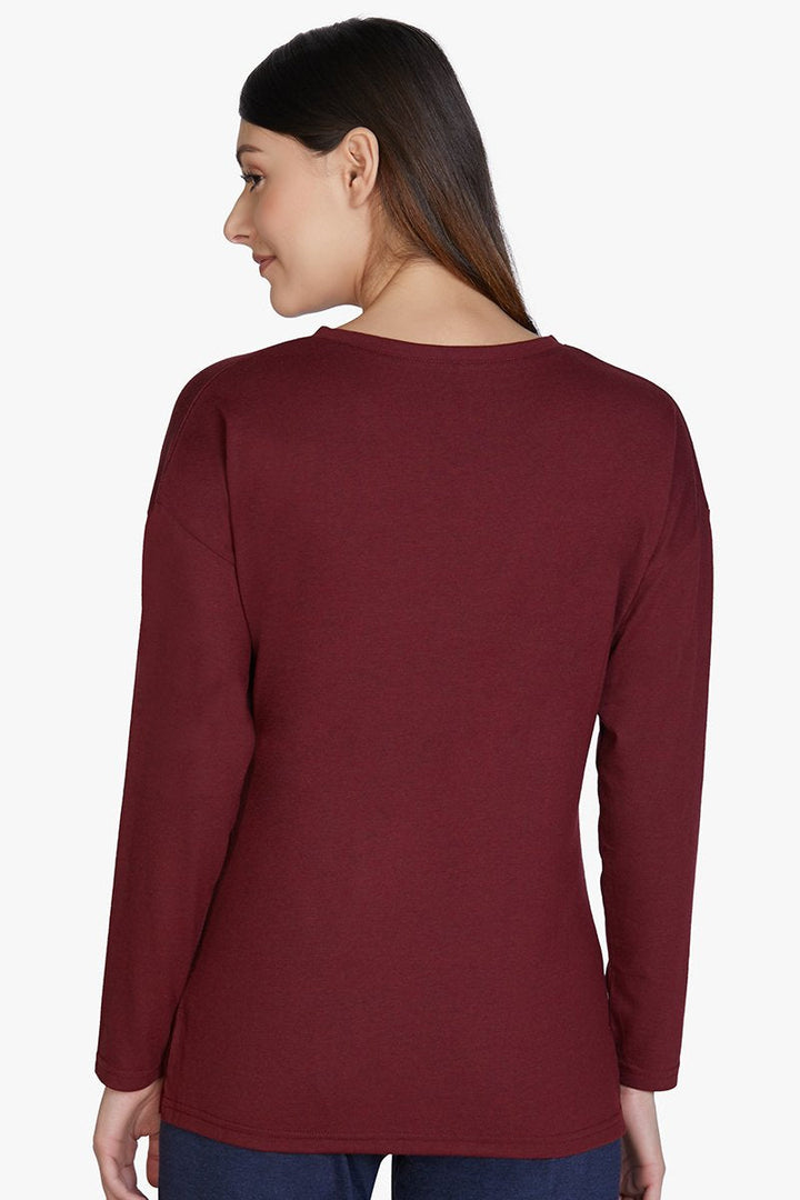 Cotton Blend Long Sleeve Sleep T-shirt - Maroon