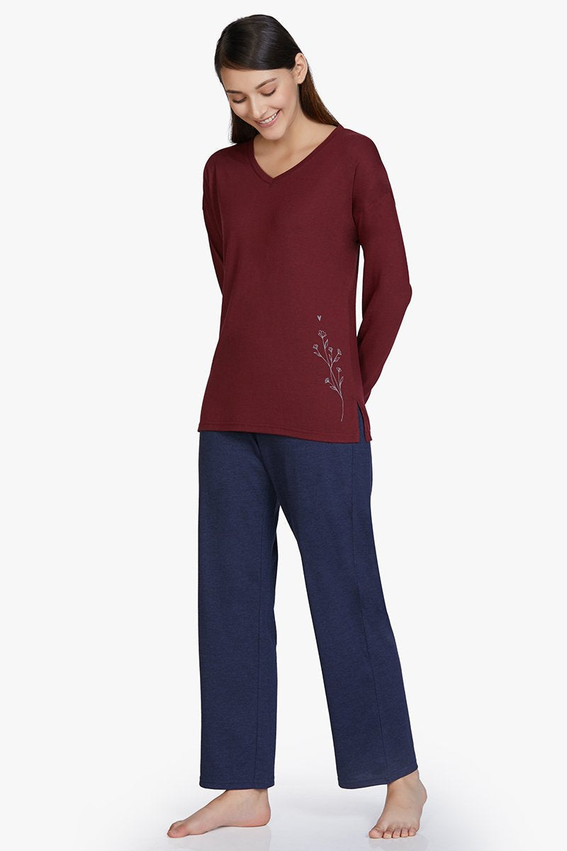 Cotton Blend Long Sleeve Sleep T-shirt - Maroon