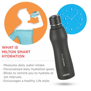 Milton Euroline Smart Stainless Steel Water Bottle | Mobile Hydration System | Bluetooth Enabled | Black | 1 Pc