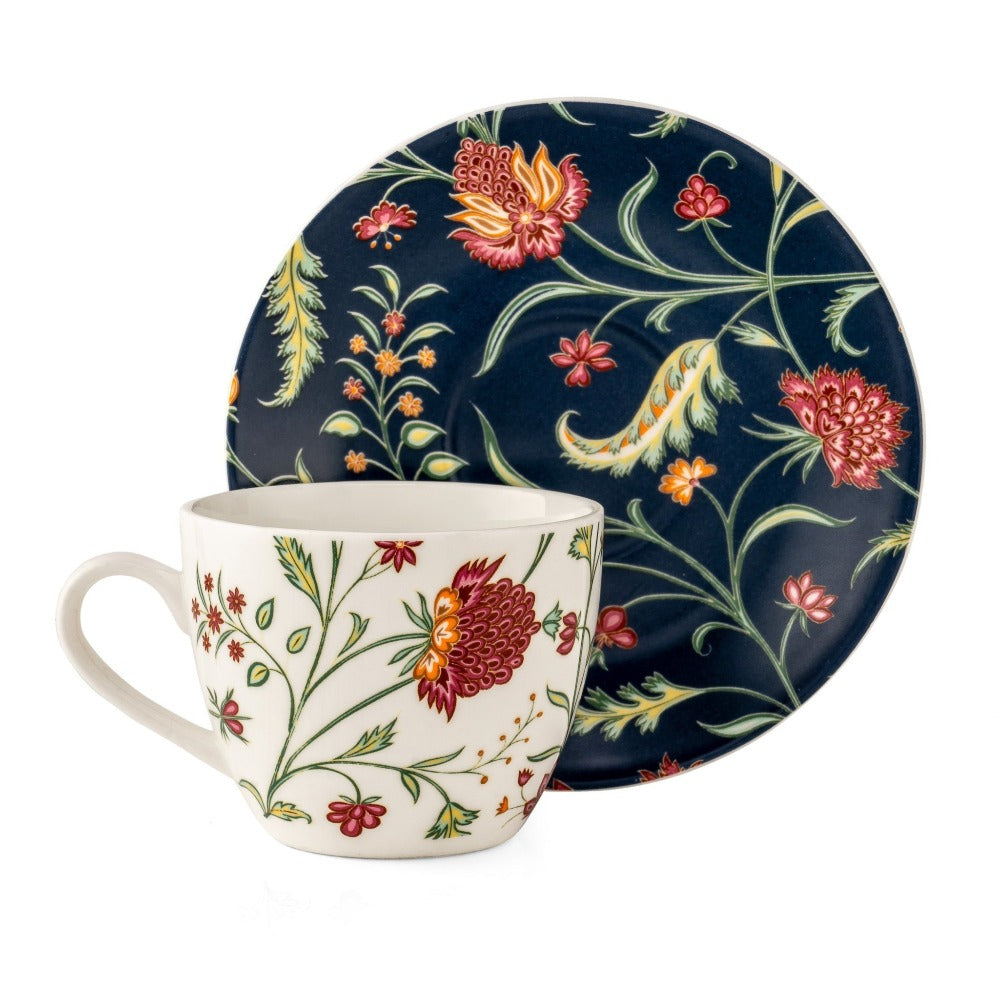 JCPL Ceramic Floral Printed Gardenia Cup & Saucer Set | 180 ML | White & Navy | Set of 12 Pcs