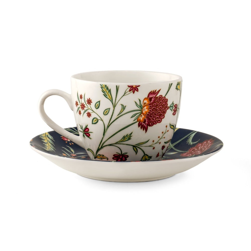 JCPL Ceramic Floral Printed Gardenia Cup & Saucer Set | 180 ML | White & Navy | Set of 12 Pcs