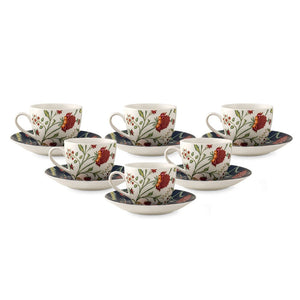 JCPL Ceramic Floral Printed Gardenia Cup & Saucer Set | 180 ML | White & Navy | Set of 12 Pcs