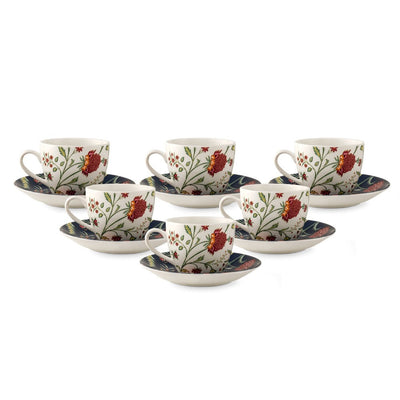 JCPL Ceramic Floral Printed Gardenia Cup & Saucer Set | 180 ML | White & Navy | Set of 12 Pcs