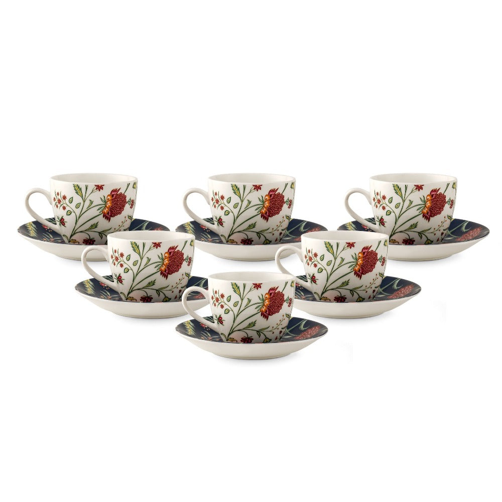 JCPL Ceramic Floral Printed Gardenia Cup & Saucer Set | 180 ML | White & Navy | Set of 12 Pcs