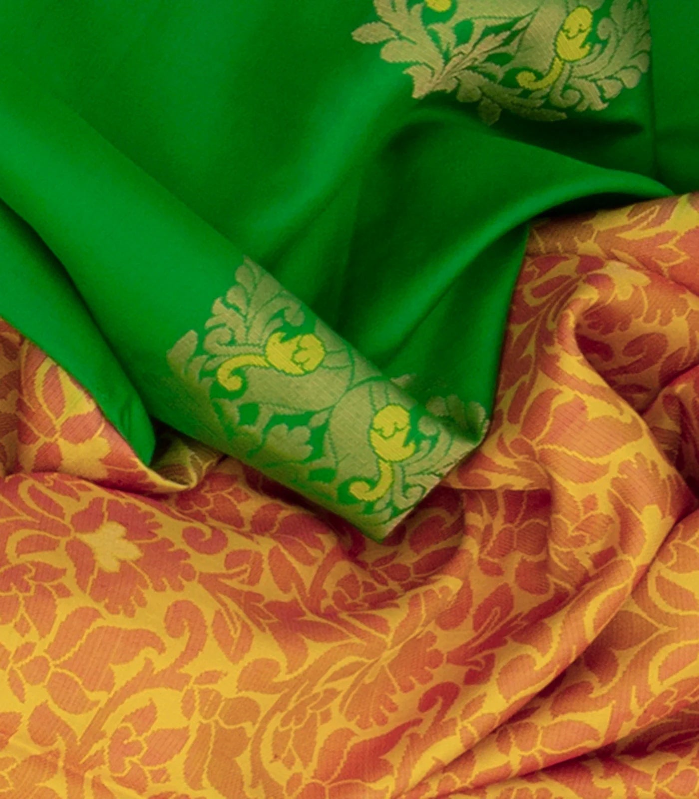 Green & Yellow Handwoven Soft Silk Saree-Green