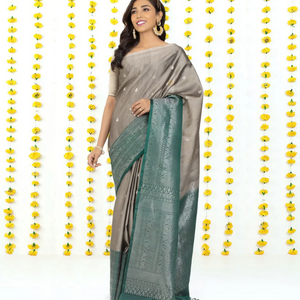 Grey Handloom Soft Silk Saree With Floral Motifs & Green Border-Grey
