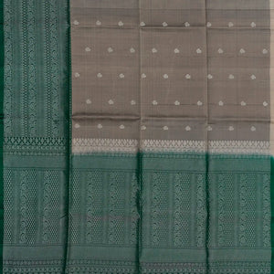Grey Handloom Soft Silk Saree With Floral Motifs & Green Border-Grey