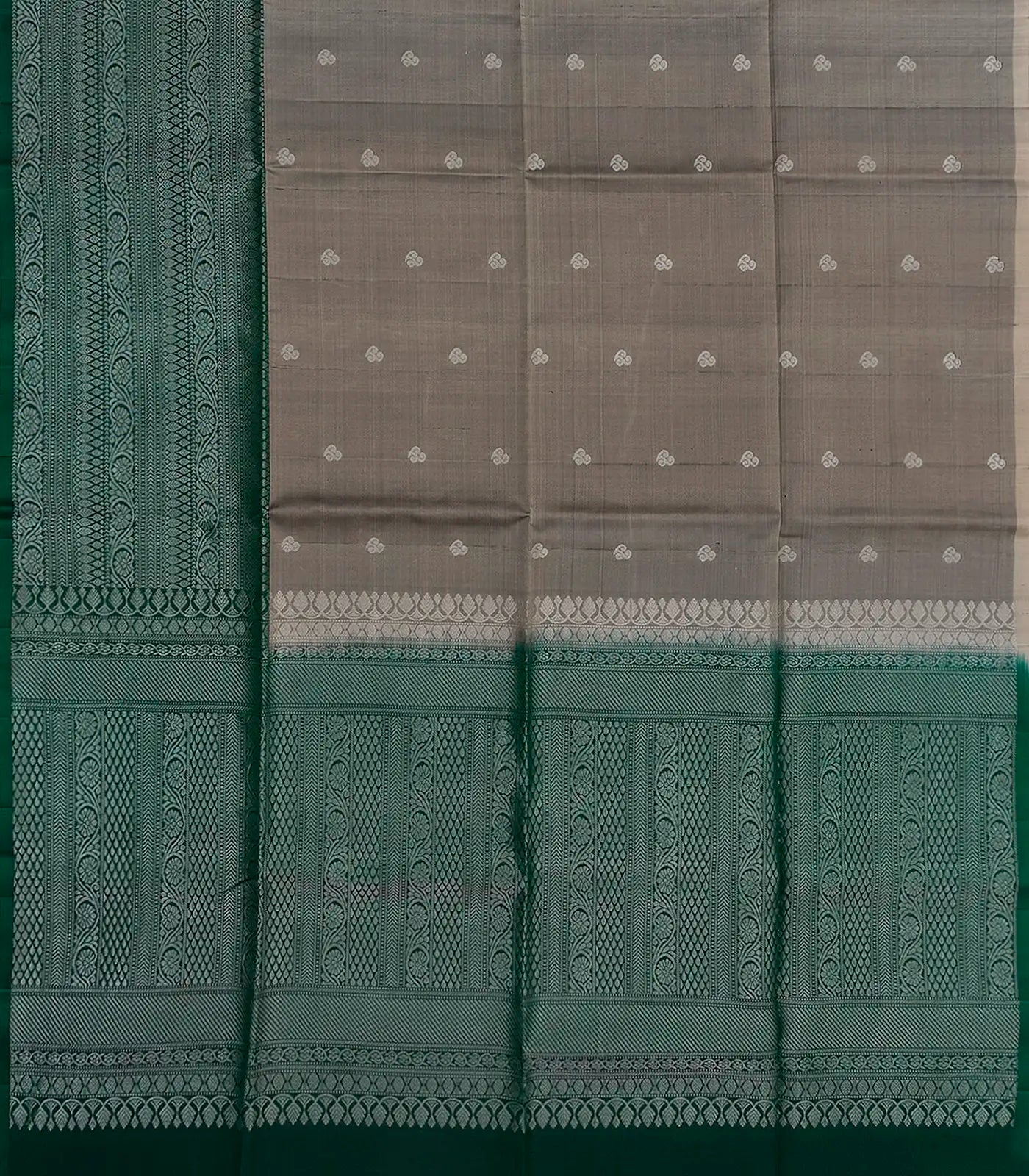 Grey Handloom Soft Silk Saree With Floral Motifs & Green Border-Grey
