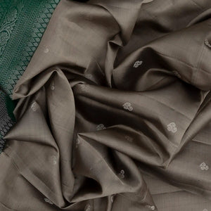 Grey Handloom Soft Silk Saree With Floral Motifs & Green Border-Grey