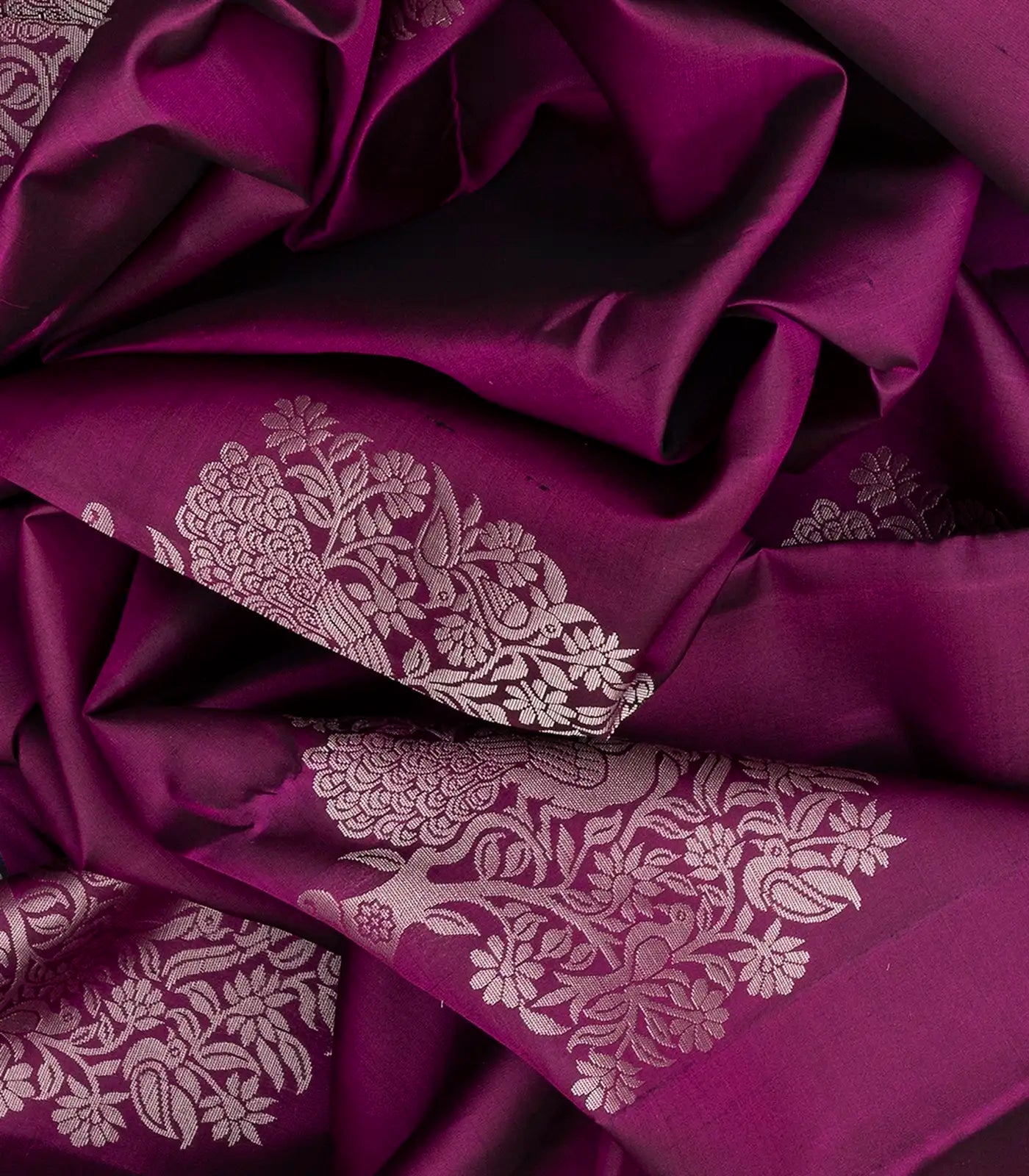 Crimson Soft Silk Saree With Peacock Motif Buttas-Crimson