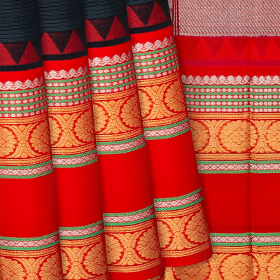 Black Handloom Chirala Soft Silk Saree With Red Border-Black