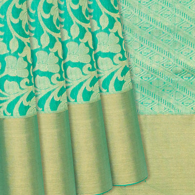 Aquamarine Handloom Soft Silk Saree With Floral Vine Motifs-Aquamarine