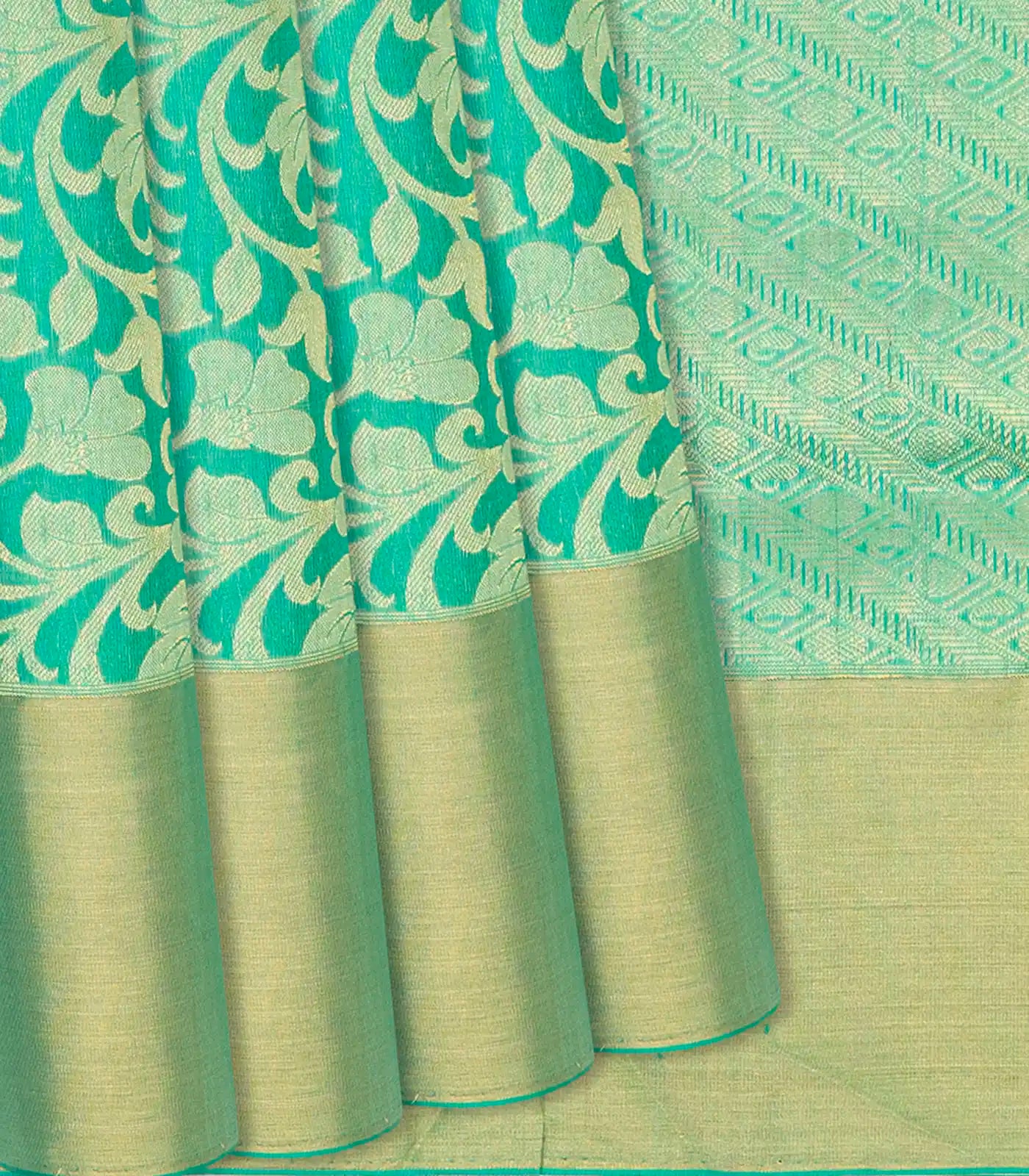 Aquamarine Handloom Soft Silk Saree With Floral Vine Motifs-Aquamarine