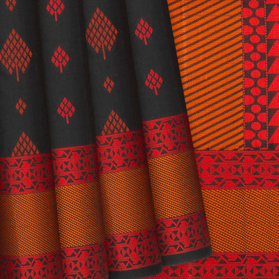 Black Handloom Soft Silk Saree With Geometric Floral Motifs-Black
