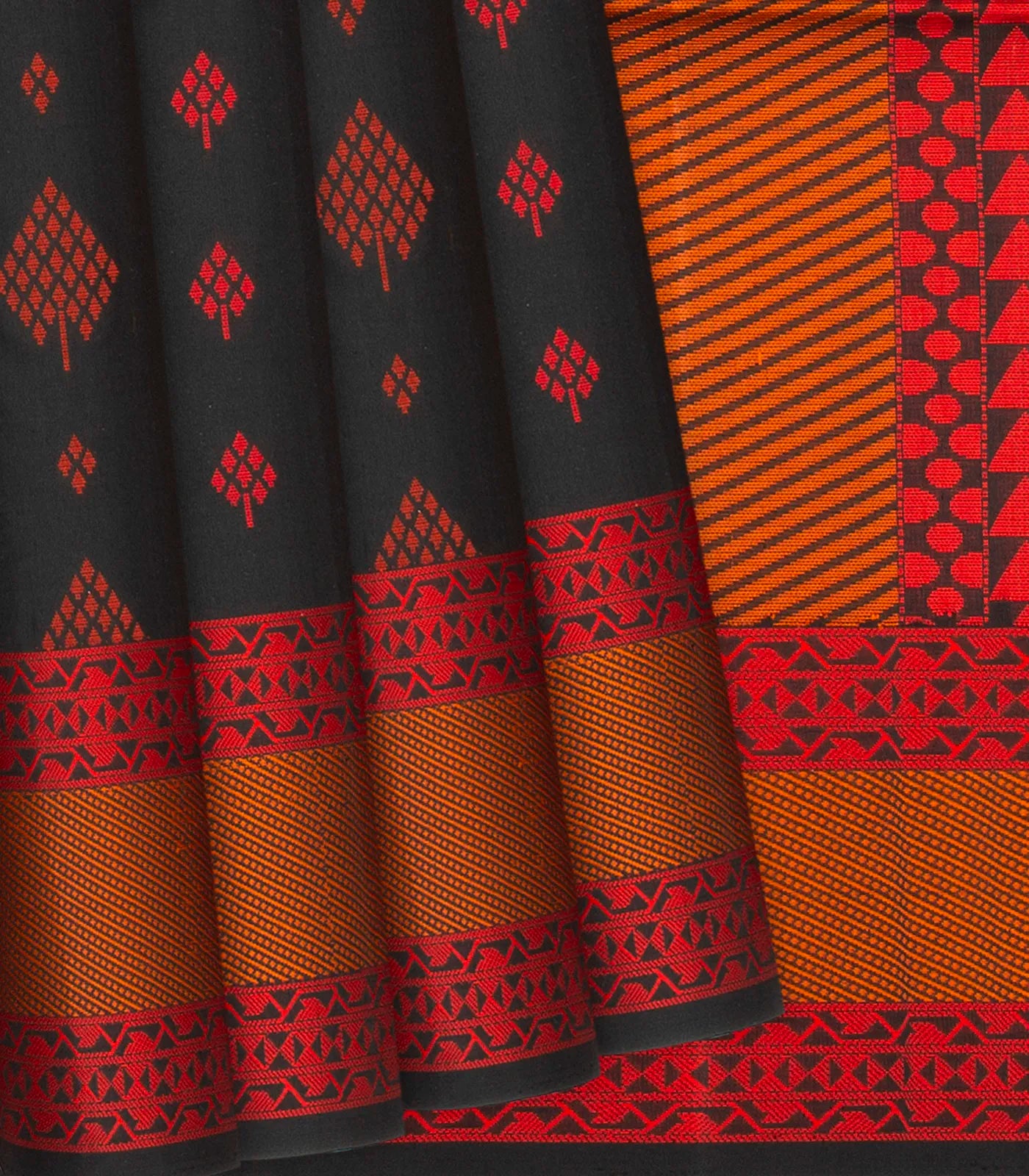 Black Handloom Soft Silk Saree With Geometric Floral Motifs-Black