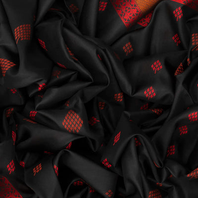 Black Handloom Soft Silk Saree With Geometric Floral Motifs-Black