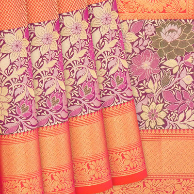 Peach Handloom Soft Silk saree With Floral Motifs-Peach