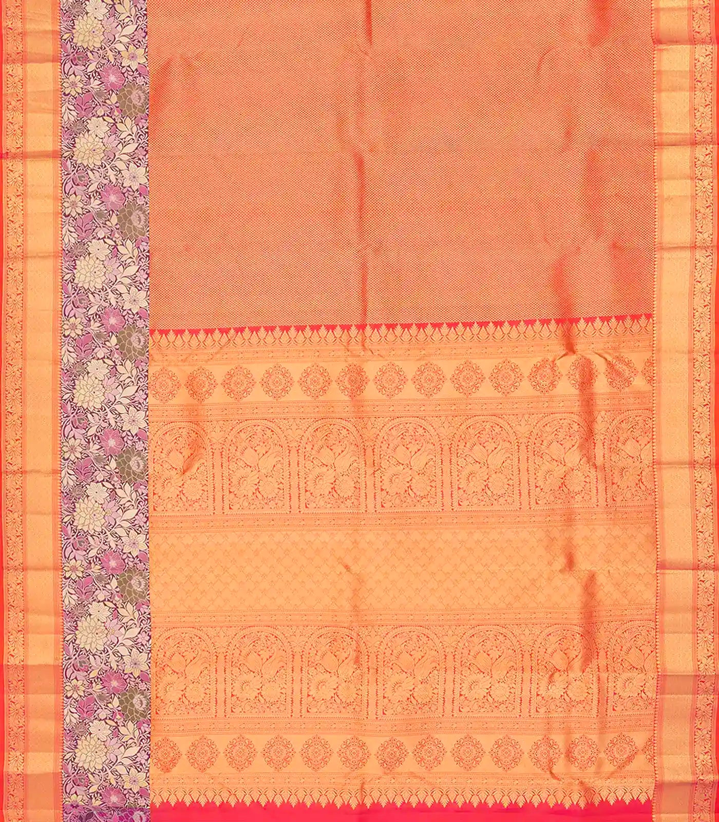 Peach Handloom Soft Silk saree With Floral Motifs-Peach