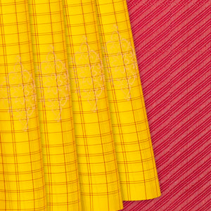 Yellow Handloom Soft Silk Saree With Checks & Buttas-Yellow